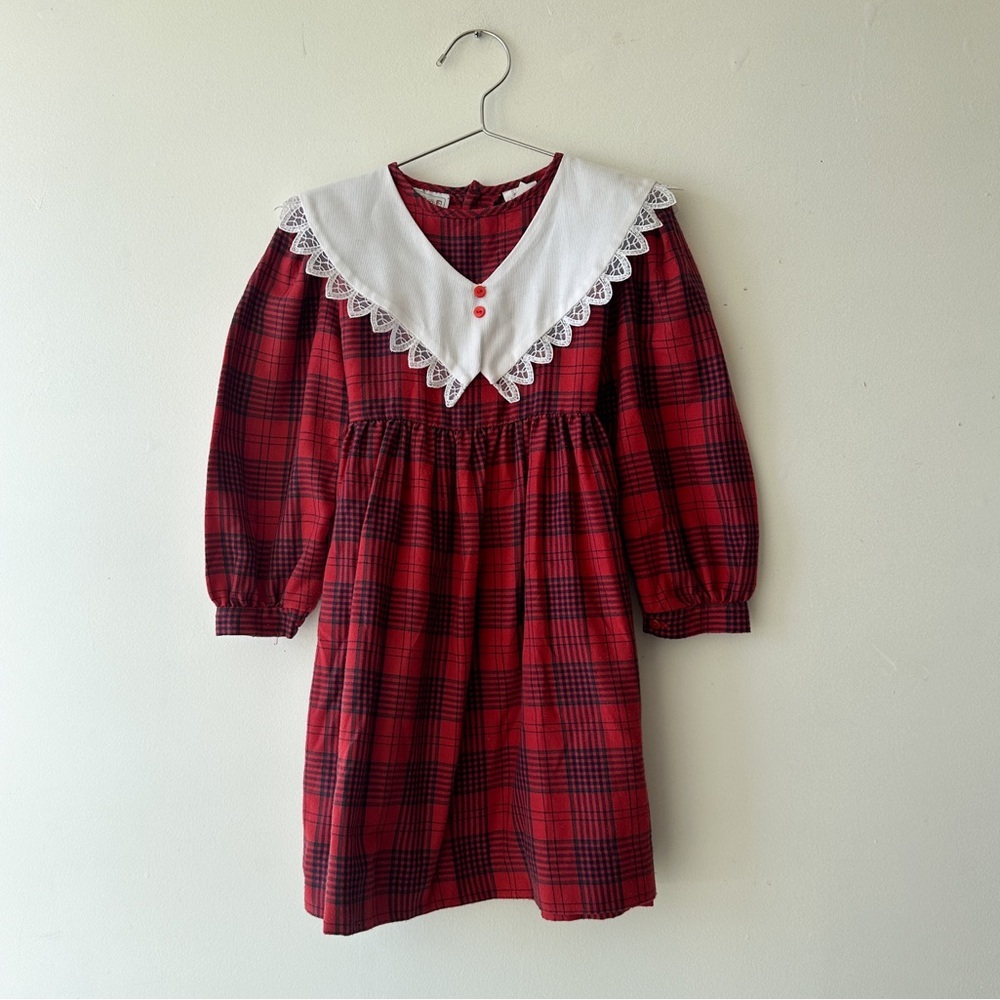 Vintage - Plaid Flannel Collar Dress - Long Sleeve- Red/Navy - Size 6
